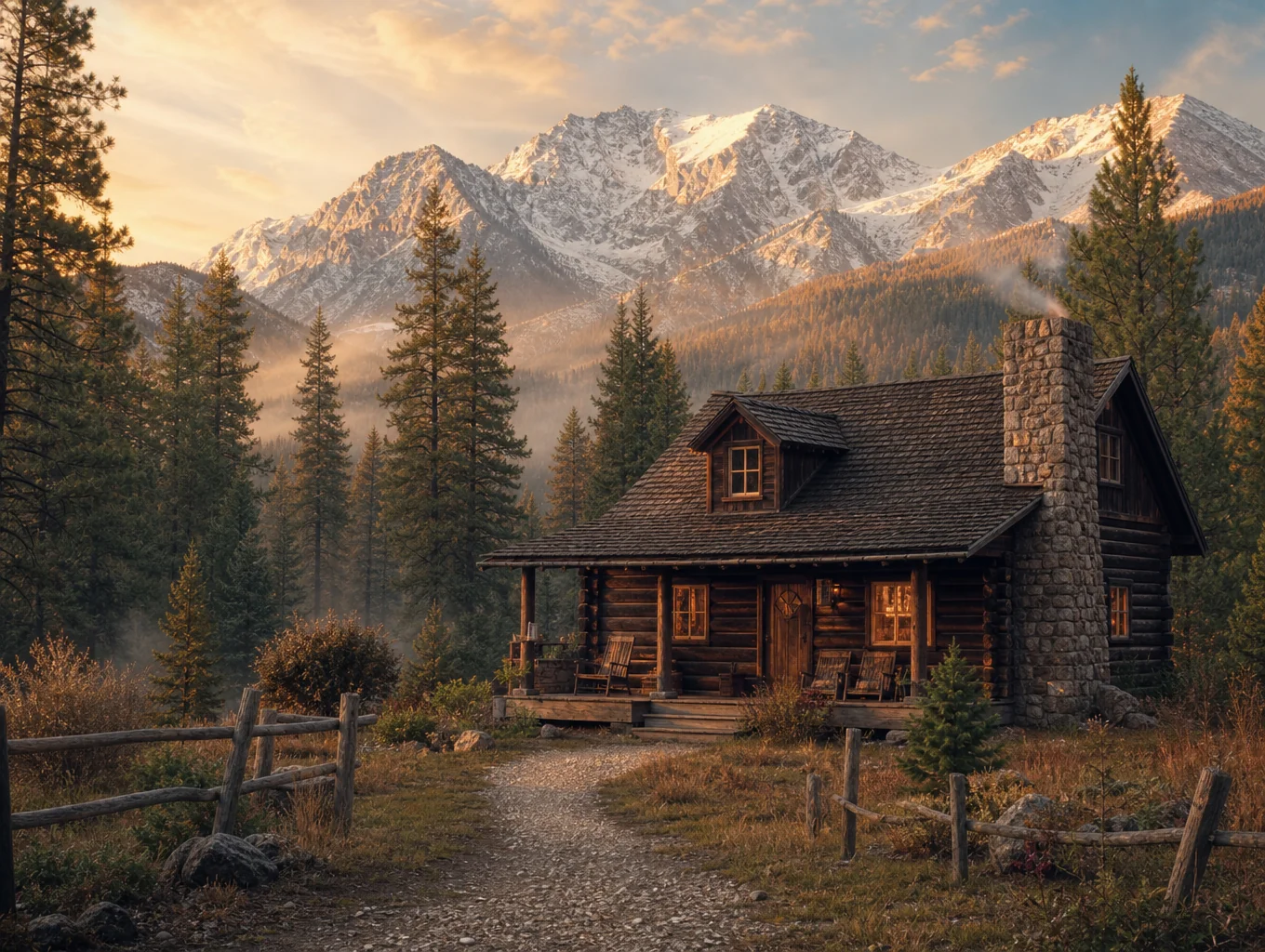 Cabañas de madera al atardecer en entorno de montaña